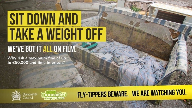 Fly-Tippers Beware Poster showing abandoned sofa